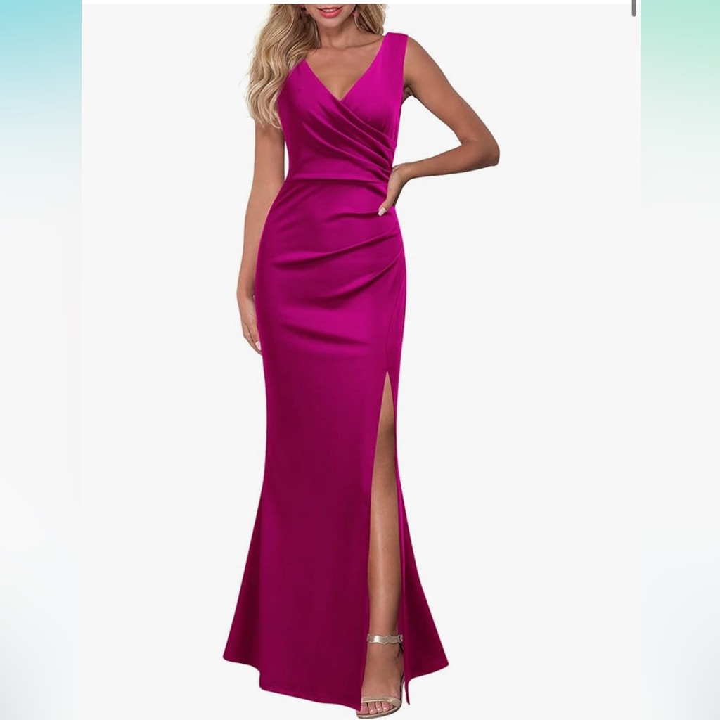 Pink Magenta Sleeveless Evening Cocktail Long Dress With Slit